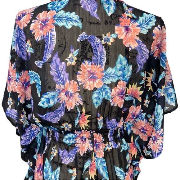 Miken Swim Floral Kimono Cover-Up Swim Elastic Waist Size Medium Black/Purple - Picture 9 of 11